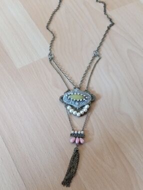 Antique Vintage Multi-Chain Pendant Necklace with Pink and Cream Accents